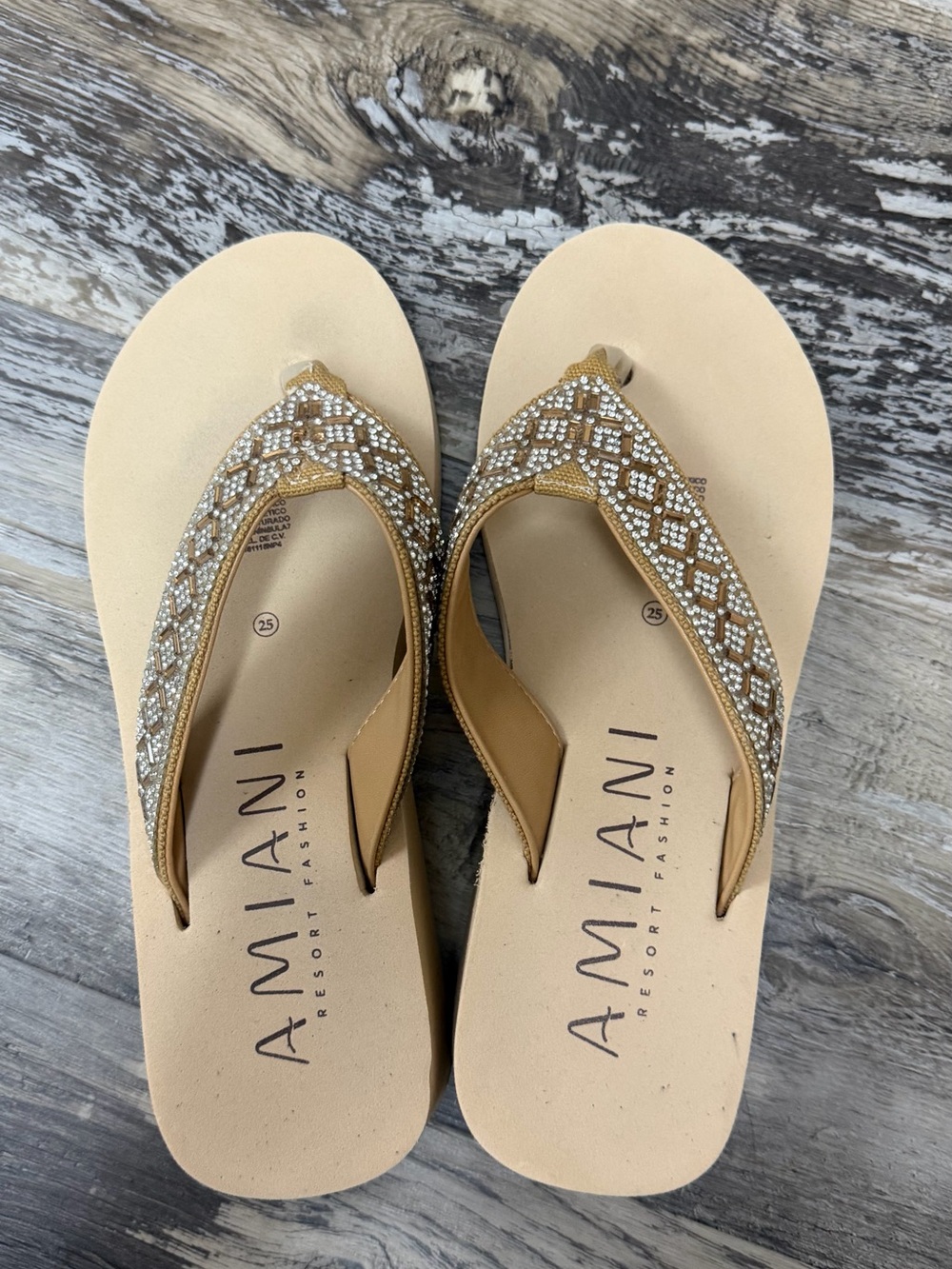 Amiani Women's Beige Sandals with Gold Beaded Straps